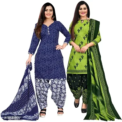 Women Beautiful Multicoloured Printed Cotton Dress Material With Dupatta (Pack Of 2)-thumb0