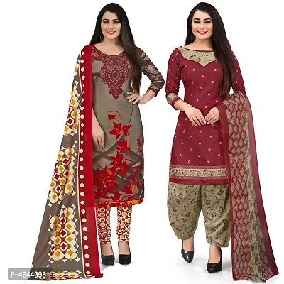 Women Beautiful Multicoloured Printed Cotton Dress Material With Dupatta (Pack Of 2)-thumb0