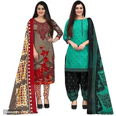 Women Beautiful Multicoloured Printed Cotton Dress Material With Dupatta (Pack Of 2)