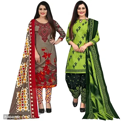 Women Beautiful Multicoloured Printed Cotton Dress Material With Dupatta (Pack Of 2)