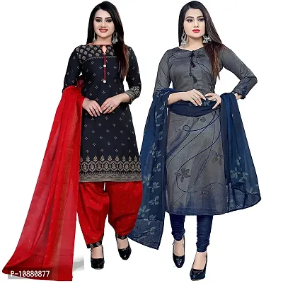 Beautiful Black And Grey Cotton Printed Unstitched Salwar Suit Material For Women Combo of 2