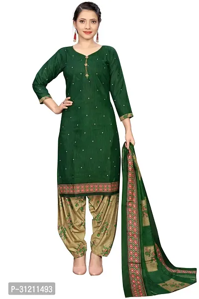 Elegant Green Cotton Printed Straight Kurta, Bottom And Dupatta Set For Women