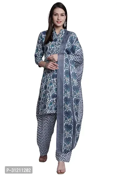 Elegant Grey Cotton Printed Straight Kurta, Bottom And Dupatta Set For Women