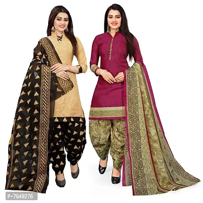 Rajnandini Women Beige And Purple Cotton Printed Unstitched Salwar Suit Material (Combo Of 2)