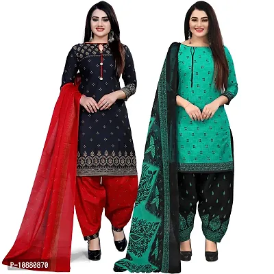 Beautiful Black And Green Cotton Printed Unstitched Salwar Suit Material For Women Combo of 2