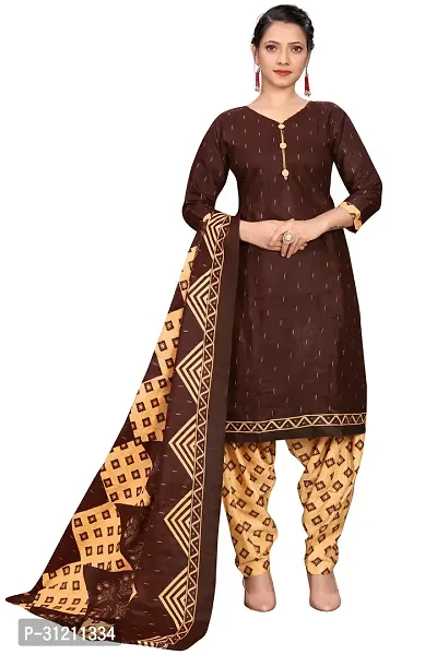 Elegant Brown Cotton Printed Straight Kurta, Bottom And Dupatta Set For Women