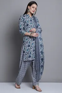 Elegant Grey Cotton Printed Straight Kurta, Bottom And Dupatta Set For Women-thumb3