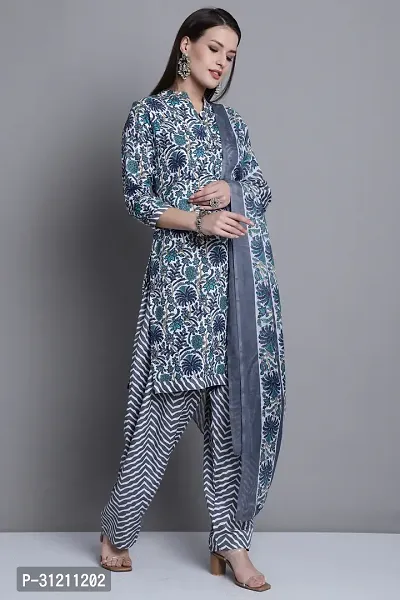 Elegant Grey Cotton Printed Straight Kurta, Bottom And Dupatta Set For Women-thumb4