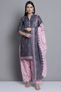 Elegant Grey Cotton Printed Straight Kurta, Bottom And Dupatta Set For Women-thumb1