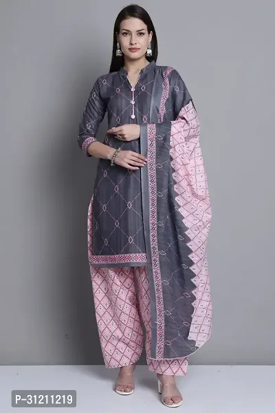 Elegant Grey Cotton Printed Straight Kurta, Bottom And Dupatta Set For Women-thumb2