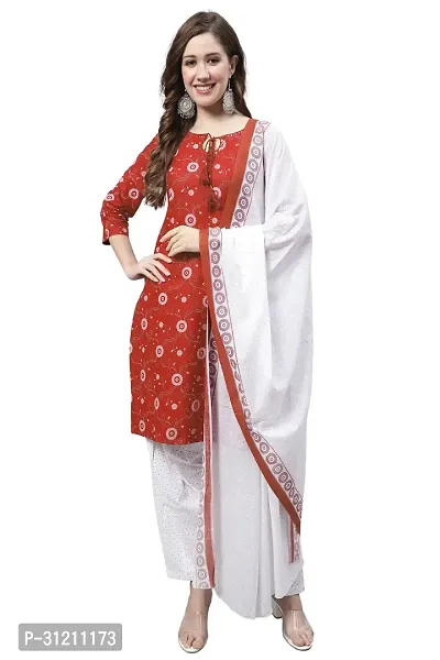 Elegant Red Cotton Printed Straight Kurta, Bottom And Dupatta Set For Women-thumb0