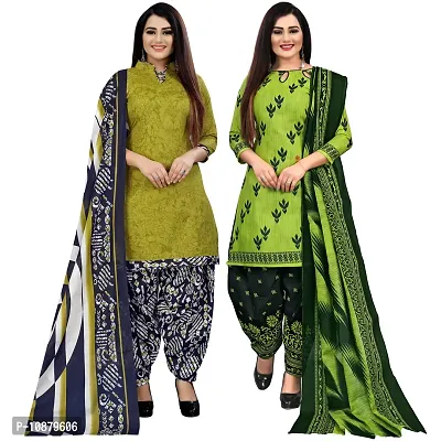 Beautiful Light Green And Parrot Green Cotton Printed Unstitched Salwar Suit Material For Women Combo of 2-thumb0