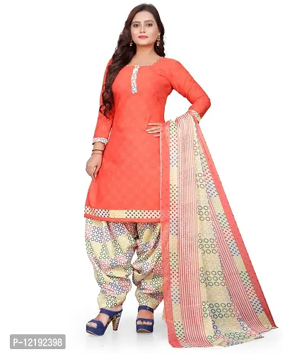 Elegant Peach Cotton Geometric Print Dress Material with Dupatta For Women-thumb0