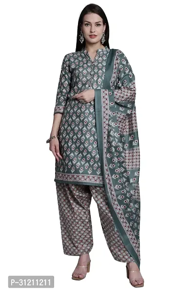 Elegant Green Cotton Printed Straight Kurta, Bottom And Dupatta Set For Women