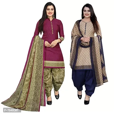 Rajnandini Women Purple And Beige Cotton Printed Unstitched Salwar Suit Material (Combo Of 2)-thumb0