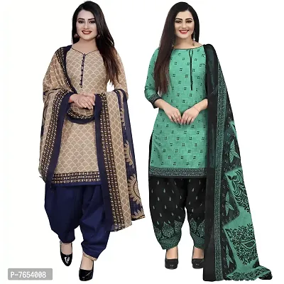 Rajnandini Women Beige And Green Cotton Printed Unstitched Salwar Suit Material (Combo Of 2)-thumb0