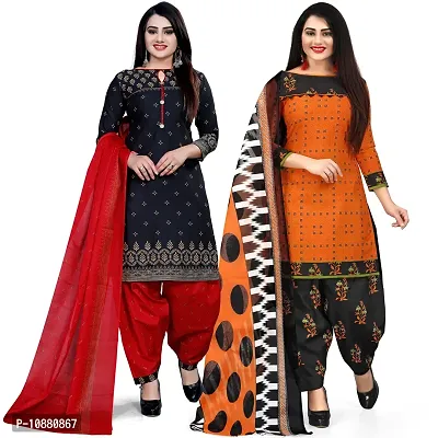 Beautiful Black And Orange Cotton Printed Unstitched Salwar Suit Material For Women Combo of 2