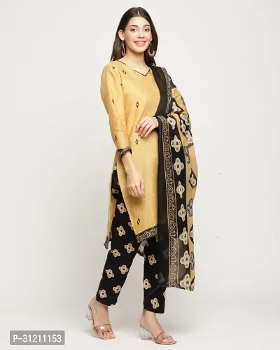 Elegant Beige Cotton Printed Straight Kurta, Bottom And Dupatta Set For Women-thumb4