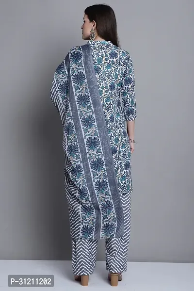 Elegant Grey Cotton Printed Straight Kurta, Bottom And Dupatta Set For Women-thumb5