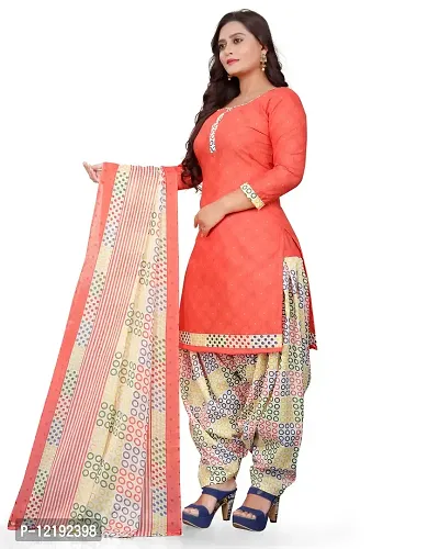 Elegant Peach Cotton Geometric Print Dress Material with Dupatta For Women-thumb3