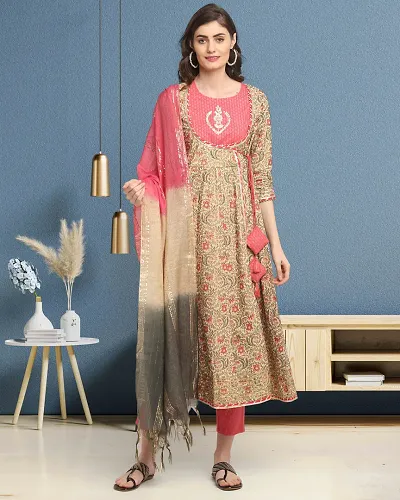 Monira Women's Cotton Embroidered A-Line Kurta Set With Dupatta(Ready To Wear; Pink And Beige; S To 2XL)(MONVL246-P)