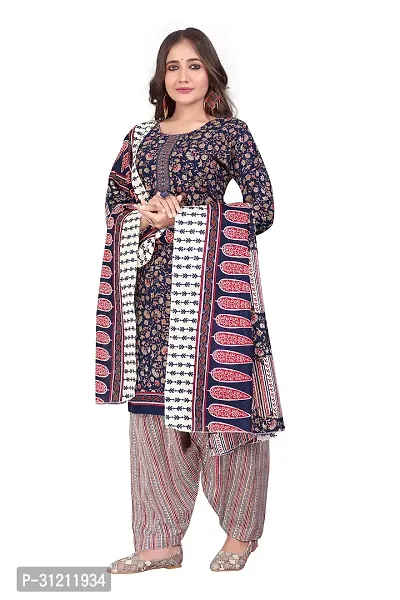 Elegant Navy Blue Cotton Printed Straight Kurta, Bottom And Dupatta Set For Women-thumb4