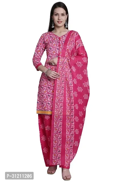 Elegant Pink Cotton Printed Straight Kurta, Bottom And Dupatta Set For Women