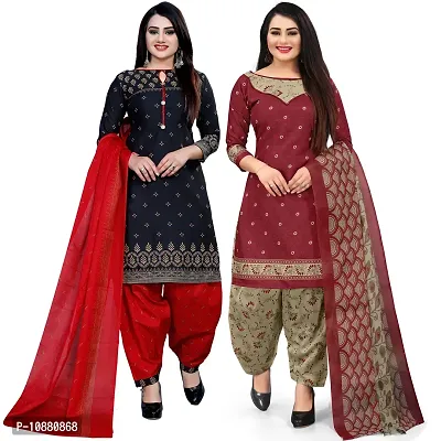 Beautiful Black And Red Cotton Printed Unstitched Salwar Suit Material For Women Combo of 2