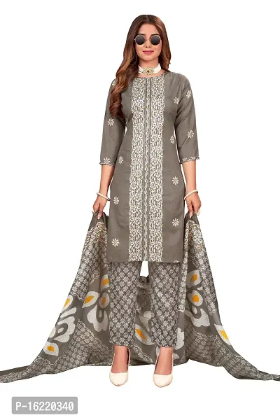 Elegant Multicoloured Cotton Printed Dress Material With Dupatta For Women-thumb0