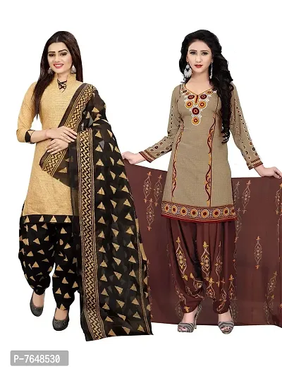 Rajnandini Women Beige Cotton Printed Unstitched Salwar Suit Material (Combo Of 2) (Free Size)