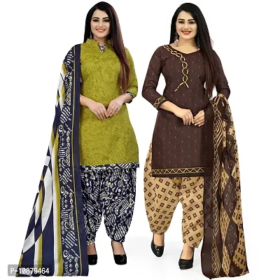 Beautiful Light Green And Brown Cotton Printed Unstitched Salwar Suit Material For Women Combo of 2-thumb0