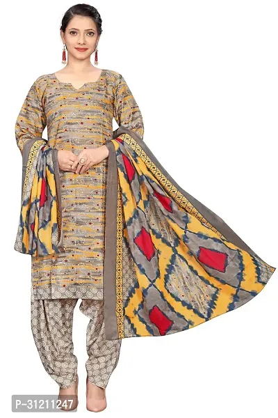 Elegant Grey Cotton Printed Straight Kurta, Bottom And Dupatta Set For Women-thumb0