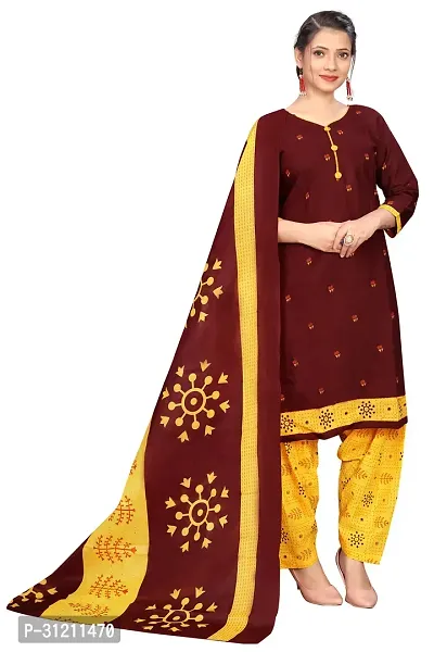 Elegant Maroon Cotton Printed Straight Kurta, Bottom And Dupatta Set For Women