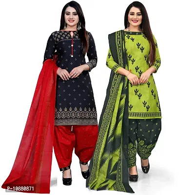 Beautiful Black And Parrot Green Cotton Printed Unstitched Salwar Suit Material For Women Combo of 2