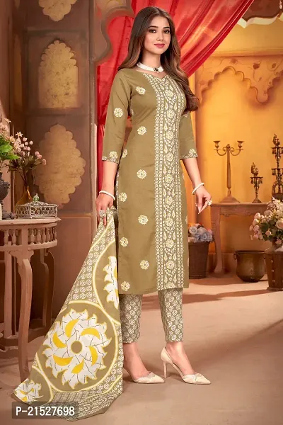 Rajnandini Beige Cotton Printed Dress Material with Dupatta-thumb2