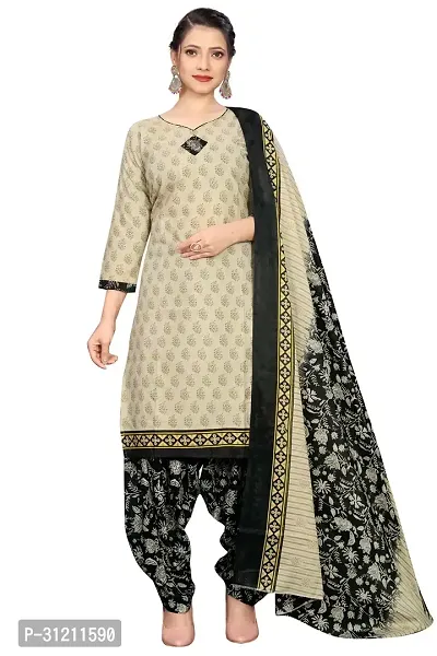 Elegant Beige Cotton Printed Straight Kurta, Bottom And Dupatta Set For Women