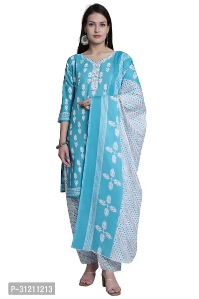 Elegant Blue Cotton Printed Straight Kurta, Bottom And Dupatta Set For Women