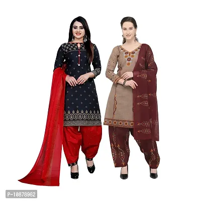 Beautiful Black And Beige Cotton Printed Unstitched Salwar Suit Material For Women Combo of 2-thumb0