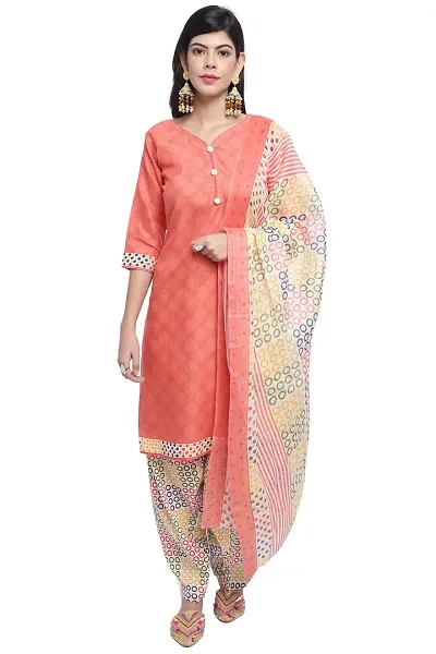 Stylish Cotton Blend Printed Kurta Bottom Dupatta Set