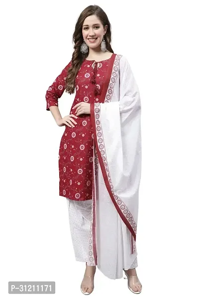 Elegant Maroon Cotton Printed Straight Kurta, Bottom And Dupatta Set For Women