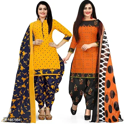 Beautiful Yellow And Orange Cotton Printed Unstitched Salwar Suit Material For Women Combo of 2-thumb0