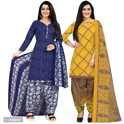 Beautiful Blue And Yellow Cotton Printed Unstitched Salwar Suit Material For Women Combo of 2