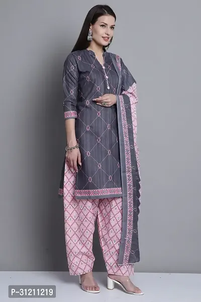 Elegant Grey Cotton Printed Straight Kurta, Bottom And Dupatta Set For Women-thumb4