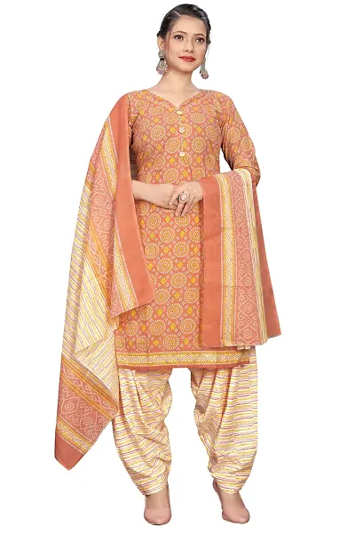 Stylish Cotton Blend Straight Printed Kurta Bottom And Dupatta Set