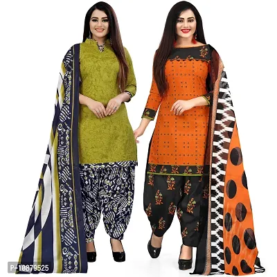 Beautiful Light Green And Orange Cotton Printed Unstitched Salwar Suit Material For Women Combo of 2