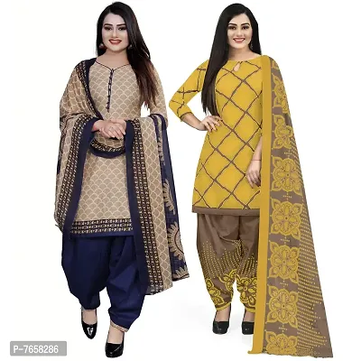 Rajnandini Women Beige And Yellow Cotton Printed Unstitched Salwar Suit Material (Combo Of 2)