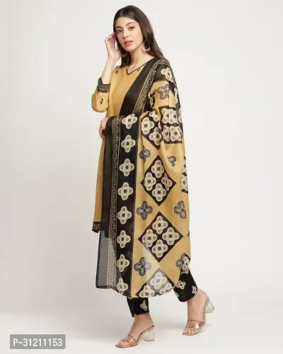 Elegant Beige Cotton Printed Straight Kurta, Bottom And Dupatta Set For Women-thumb3