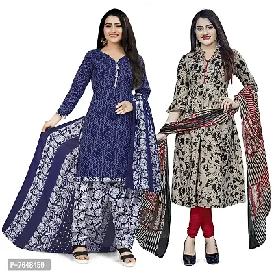 Rajnandini Women Blue And Beige And Black Cotton Printed Unstitched Salwar Suit Material (Combo Of 2)-thumb0