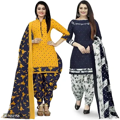 Rajnandini Women Yellow And Navy Blue Cotton Printed Unstitched Salwar Suit Material (Combo Of 2)