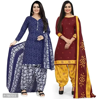 Rajnandini Women Blue And Maroon Cotton Printed Unstitched Salwar Suit Material (Combo Of 2)